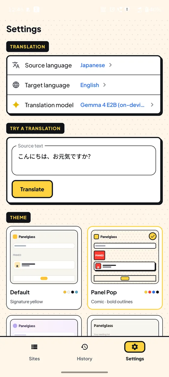 Panelglass manga translation settings on Android